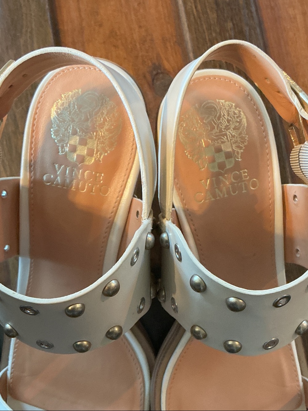 Vince Camuto Cream Studded Leather Block Heel Sandals - Picture 3 of 6